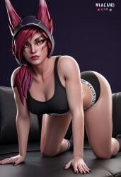 3d ai_generated all_fours blacked blacked_clothing blender clothed couch dreamcuc large_breasts league_of_legends looking_at_viewer photoshoot pose posing solo solo_female vastaya xayah