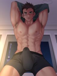 1boy abs armpit_hair armpits arms_behind_head arms_up balls_under_clothes bara big_areola big_penis black_eyes blush boxer_briefs brown_hair crossed_arms erection erection_under_clothes gakupoppo genital_outline hi_res indoors kneeling looking_at_viewer male male_only manly mature_male muscles muscular muscular_legs muscular_male muscular_thighs navel night open_legs open_mouth original original_character pecs precum precum_through_clothing short_hair six_pack solo sweat sweatdrop taking_clothes_off thick_eyebrows tokyo_sky_tree topless underwear_only v-shaped_eyebrows window yaoi