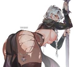 ass big_ass big_breasts braid breasts bubble_butt cd_projekt_red ciri female light-skinned_female lixsium looking_at_viewer looking_back nipple_piercing nipples scar solo sword the_witcher_(series) the_witcher_4 white_hair witcher_medallion yellow_eyes