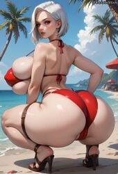 1girls ai_generated ashe_(overwatch) ass_focus beach bikini bursting_ass bursting_breasts cameltoe cupcakeattack fat_ass female from_behind gigantic_ass huge_ass huge_breasts looking_at_viewer looking_back massive_ass overwatch overwatch_2 protruding_nipples red_eyes short_hair skindentation slim_waist squatting swimsuit white_hair wide_hips