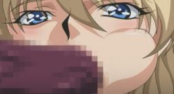 animated animated_gif blonde_hair blue_eyes blush brainjacker_(rin_kaifon) censored fellatio hair huge_cock male_monster oral penis screenshot shoujo_senki_brain_jacker shoujo_senki_soul_eater