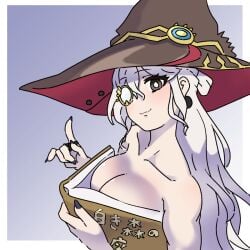 1girls blush book_covering_breasts breasts brown_eyes closed_mouth covering_breasts diabellestarr_the_dark_witch diabellstar_the_black_witch duel_monster female glasses konami looking_at_viewer magician_hat meme no_bra ouch_meme rarara_max seductive smile solo text_box white_hair yu-gi-oh!