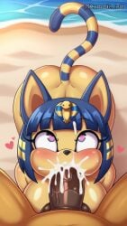 1boy 1boy1girl ai_generated all_fours animal_crossing ankha ankha_(animal_crossing) anthro anthro_on_anthro beach big_ass big_breasts big_butt big_penis blowjob blowjob_face cat_ears catgirl cheek_bulge cock_worship cum cum_in_mouth cum_on_face cumming_in_mouth cute_expression cute_face deepthroat eyes_rolling_back feline fellatio female heart-shaped_pupils huge_cock male male_pov mouth_full_of_cock mouth_full_of_cum oral pov pov_blowjob sucking_penis swallowing_cum yellow_fur