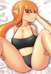 1girls 2025 barely_clothed bed big_breasts blush blush blush_lines breasts cleavage collar collarbone crop_top female female female_focus female_only hands_on_legs hands_on_thighs inkling inkling_girl kaori_(splatoon) laying_down laying_on_back laying_on_bed legs legs_apart legs_up looking_at_viewer nintendo nobunagapero orange_eyes orange_hair panties png pointy_ears sheets shiny shiny_hair shoulders solo solo_female solo_focus splatoon splatoon_(series) tentacle tentacle_hair