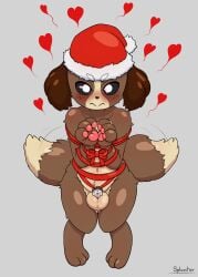 2024 3_fingers animal_crossing anthro aroused aroused_face balls belly_tuft big_ears biped black_sclera blush blush_lines bondage bow_ribbon brown_body brown_ears brown_fur brown_tail canid canine canis chastity_belt chastity_cage chastity_device chest_markings christmas christmas_clothing christmas_headwear christmas_present collarbone digby_(animal_crossing) digital_drawing_(artwork) digital_media_(artwork) dipstick_tail domestic_dog eyebrows facial_markings femboy femboy_only flat_chastity_cage freckled_face freckles front_view full-length_portrait fur fur_markings genitals gift gift_bow gift_wrapping gifting_self gray_background grey_background happy heart_symbol knock-kneed looking_at_viewer looking_up male male_only mammal markings mostly_nude mouth_closed multicolored_body multicolored_face multicolored_fur multicolored_tail navel nintendo pawpads paws presenting presenting_balls presenting_penis red_bow red_hat red_ribbon ribbon_bondage ribbons santa_hat sheath_cage shih_tzu short_eyebrows short_tail signature simple_background solo solo_male splussher standing tail tail_markings tail_motion tailwag thick_eyebrows toy_dog two_tone_body two_tone_fur two_tone_tail white_eyes white_pupils