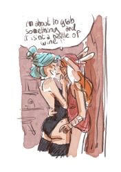 2girls faune imminent_grope making_out phoebe_(mogidraw) sarah_(faune) speech_bubble yuri