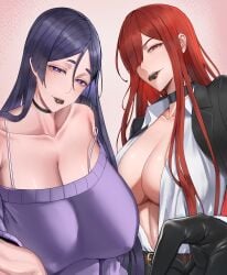 2girls absurdres bare_shoulders blush breasts candy chocolate chocolate_heart cleavage fate/grand_order fate_(series) food hair_over_one_eye hans-kun heart heart-shaped_food highres huge_breasts large_breasts long_hair long_sleeves looking_at_viewer minamoto_no_raikou_(fate) mouth_hold multiple_girls oda_nobunaga_(fate) oda_nobunaga_(maou_avenger)_(fate) off_shoulder parted_bangs purple_eyes purple_hair red_eyes red_hair smile very_long_hair