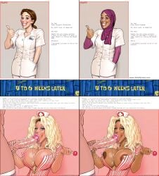 1boy 2girls big_breasts big_penis bimbo bimbofication english_text islam jewish_female john_persons light-skinned_female light-skinned_male light_skin lolipop muslim_female nurse_cap nurse_uniform raceplay religion star_of_david tan_skin the_pit theofficialpit