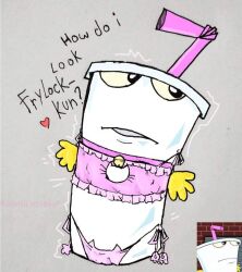 adult_swim animate_inanimate aqua_teen_hunger_force artist_request choker container crossdressing cup english_text lingerie male male_only master_shake non-human simple_background straw text what white_body yellow_hands