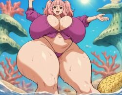 1girls ai_generated fishman_island hiramera huge_breasts huge_butt huge_thighs matronai_(artist) on_beach one_piece pink_hair pink_panties pink_top twintails voluptuous