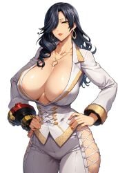 ai_generated amamiya_tsubaki big_breasts black_hair busty civitai cleavage female_focus god_eater huge_breasts massive_breasts mature_female mommy perfect_body white_suit