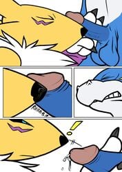 anthro balls blue_eyes bridal_gauntlets canine chest_tuft comic digimon fangs female flamedramon fox fur furry handjob male nanogrrr nostrils nude penis plain_background precum renamon rubbing scalie tagme video_games white_background