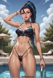 ai_generated artist_name bikini black_bikini black_choker black_hair blue_sky bracelet breasts choker cleavage cloud day earrings female highleg jewelry k/da_all_out_kai'sa k/da_all_out_series kai'sa league_of_legends lips lipstick long_hair looking_at_viewer makeup medium_breasts navel outdoors ponytail pool purple_eyes purple_hair shiny sky solo standing summer swimsuit toned tree wading water wet