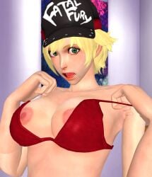 3d alice_garnet_nakata blonde_hair blush bra_down breasts caught green_eyes hat king_of_fighters king_of_fighters_xiv lordryu nipples peeking_out snk surprised xnalara xps