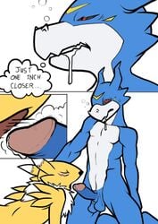 anthro balls blowing breathing canine chest_tuft comic digimon drooling fangs female flamedramon fox fur furry male nanogrrr nostrils nude penis plain_background red_eyes renamon saliva scalie video_games white_background