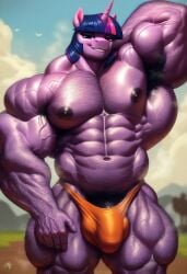 1boy 1male abs ai_generated ambush_(trap) anthro anthrofied arm_behind_head armpit_hair armpits bara barechested biceps blue_hair boy boy_focus boy_tits bulge chest_hair civitai cloud colored_skin feet_out_of_frame genderswap_(ftm) hairy hairy_chest hairy_legs hasbro horn large_pectorals leg_hair looking_at_viewer male male_only man_boobs man_tits multicolored_hair muscles muscular my_little_pony navel navel_hair outdoors outside pectorals penis_bulge pink_hair pony pubic_hair pubic_hair_peek purple_body purple_eyes purple_hair purple_skin rule_63 sky smile solo solo_focus stomach thick_arms thick_thighs thighs topless topless_male twilight_sparkle_(mlp) underwear