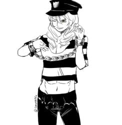 1boy cavendish femboy handcuffs hat long_hair male male_focus male_only monochrome muscles navel one_piece samanta95 smile tagme yellow_eyes