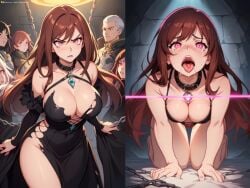 ahe_gao ai_generated angry betrayal black_bra black_dress brown_hair cleavage collar crying drooling on_all_fours open_mouth pink_eyes tongue_out