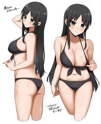 1girls absurdres anony_83 ass bikini bikini_top_aside black_bikini black_eyes black_hair blush collarbone female_focus female_only flashing flashing_breasts highres k-on! large_breasts long_hair looking_at_viewer multiple_views navel nipples one_breast_out period_(anony_83) presenting simple_background standing sweat swimsuit translation_request white_background