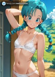 ai_generated b_cup bb_cup blue_eyes blue_hair bra breasts bulma_briefs c_cup cc_cup cyan_hair dragon_ball female lingerie panties petite petite_body pigtail short_hair skinny skiny small_boobies small_boobs small_breasts small_tits solo thin thin_body twintails viewer_pov young