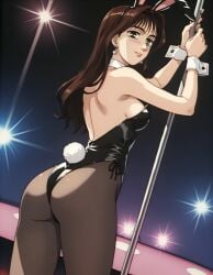 ai_generated ai_hands ass black_brown_hair black_eyes brown_hair bunny_ears cowboy_shot detached_collar dutch_angle earrings exotic_dancer female from_behind highleg_leotard holding_pole initial_d leotard long_hair medium_breasts nightclub pantyhose playboy_bunny pole pole_dancer pole_dancing satou_mako smile strip_club stripper stripper_clothes stripper_pole wrist_cuffs