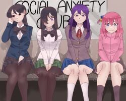 4girls biku black_bow black_hair black_skirt black_socks blazer blue_eyes blue_skirt bocchi_the_rock! bow breasts cardigan_vest desperate desperation doki_doki_literature_club gotou_hitori green_skirt hair hair_ornament hand_between_legs have_to_pee holding_pee ikezawa_hanako jacket katawa_shoujo komi-san_wa_komyushou_desu komi_shouko long_hair need_to_pee pantyhose pink_hair pink_jacket purple_eyes purple_hair school_uniform shivering sitting skirt socks swept_bangs white_socks yuri_(doki_doki_literature_club)