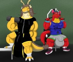 alythewolfcat anthro antlers asian_mythology big_bulge bodily_fluids bulge chinese_mythology clothing detailed_bulge disney dragon dumbbell duo earpod east_asian_mythology eastern_dragon exercise exercise_equipment genital_outline gold_scales hi_res horn huge_bulge hyper hyper_bulge male mulan_(1998) muscular muscular_male mushu_(disney) mythological_creature mythological_scalie mythology penis_outline red_body red_scales scales scalie shirt sweat text text_on_clothing text_on_shirt text_on_topwear topwear weights