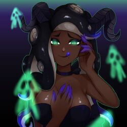 1girls breasts choker cleavage green_eyes large_breasts long_hair looking_at_viewer marina_(splatoon) mole mole_under_mouth nintendo norishiitsu octoling octoling_girl purple_tongue solo splatoon splatoon_2 tentacle_hair tongue tongue_out