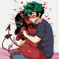 affectionate ai_generated boku_no_hero_academia clothed_sex curvy_female dreson hand_holding izuku_midoriya kissing_cheek love loving_couple male/female medium_breasts meru_(merunyaa) my_hero_academia smaller_female taller_male