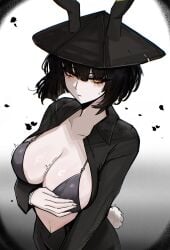 1girls alternate_breast_size alternate_eye_color anger_vein big_breasts black_hair blush bra breasts cleavage eyebrows_visible_through_hair female female_only hand_on_breast hat headwear large_breasts limbus_company looking_at_viewer m_ayonessa navel open_clothes pale-skinned_female pale_skin project_moon rabbit_ears rabbit_tail ryoshu_(limbus_company) short_hair solo yellow_eyes