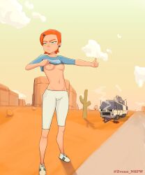 1girls areola areolae ben_10 breasts cartoon_network female female_focus gwen_tennyson hitchhiking light-skinned_female light_skin medium_breasts nipples no_bra partially_clothed partially_clothed_female slim_waist topless zveno