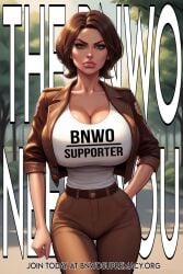 ai_generated bnwo bnwo_supporter brooke_monroe brown_hair brown_jacket cleavage curvy_figure female graphic_tee green_eyes hi_res huge_breasts original_character poster sn0wbunn1es0nly snow_bunnies white_shirt