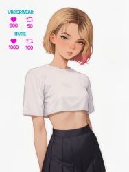 ai_generated bangs black_clothes black_skirt blonde_hair blue_eyes blush breasts closed_mouth clothing crop_top crop_top_overhang cropped_shirt english_language english_text eyebrow_piercing female female_only fully_clothed gradient_hair gwen_stacy gwen_stacy_(spider-verse) gwendolyn_maxine_stacy high_resolution lips looking_at_viewer marvel midriff miniskirt multicolored_hair navel original parted_lips piercing pink_hair pleated_skirt retweet_challenge school_uniform shirt short_hair short_sleeves skirt small_breasts solo spider-gwen spider-man:_into_the_spider-verse spider-man_(series) standing text thighs two-tone_hair uniform white_shirt xsfmworks