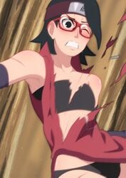 1girls black_bra black_hair black_panties blush boruto:_naruto_next_generations bra eeshin_(eishin5584) female female_only forehead_protector glasses grimace headband naruto one_eye_closed panties revealing_clothes ripped_clothing sarada_uchiha short_hair solo solo_focus stripping teeth