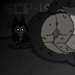 1:1 anthro anus ass bent_over big_butt black_body black_fur blush blush_lines breast_rest breasts butt_focus female fur genitals glowing glowing_eyes light light_beam looking_back pixelh pussy scp-1471-a scp_foundation solo text thick_thighs wolf_ears wolf_tail