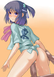 arm_grab ass black_hair blue_eyes female from_behind fundoshi happi headband japanese_clothes looking_back male original panties panties_aside penis pussy sex short_hair straight tear tied_hair twintails uncensored underwear vaginal_penetration yamakasa