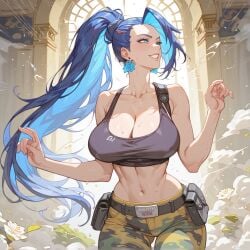 1girls ai_generated big_breasts blue_eyes blue_hair breasts busty clothed female huge_breasts king_of_fighters leona_heidern light-skinned_female light_skin long_hair military military_clothing pale-skinned_female pale_skin pants ponytail soldatrosaai tank_top thick_thighs thighs tied_hair voluptuous voluptuous_female wide_hips