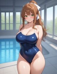 ai_generated bathing_suit cameltoe cleavage coral_brown_hair green_eyes large_breasts light-skinned_female monika_(doki_doki_literature_club) navel pool ribbon swimsuit thick_thighs