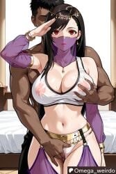 1girl1boy ai_generated bed bedroom big_breasts black_hair breast_grab dancer dancer_outfit dark_skinned_male earrings emotionless emotionless_female empty_eyes faceless_male female final_fantasy final_fantasy_vii final_fantasy_vii_remake fingering fingering_pussy grabbing grabbing_another's_breast grabbing_breasts grabbing_from_behind harem_girl harem_outfit headwear huge_breasts indoors long_hair looking_at_viewer midriff mouth_veil muscular_male no_pupils omega_weirdo patreon red_eyes salute slave slavegirl tifa_lockhart veil