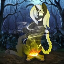 1:1 absurd_res ashyyykuromi ass black_body black_fur burning butt_on_fire campfire clenched_teeth cutie_mark equid equine fan_character female feral fire friendship_is_magic fur genitals green_eyes hair hasbro hi_res horn horse looking_down mammal my_little_pony mythological_creature mythological_equine mythology pain pony pussy smoke solo teeth unicorn white_hair