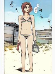 bag bare_arms bare_legs bare_shoulders barefoot beach bikini breasts brown_hair cleavage colorized comic feet female highres initial_d manga_page medium_breasts midriff mika_uehara navel panties sand shigeno_shuuichi short_hair slippers speech_bubble standing swimsuit uehara_mika underwear water