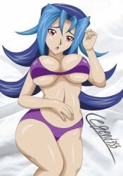 1girls bed bikini blue_hair female hi_res kamishiro_rio legart355 looking_at_viewer navel open_mouth red_eyes rio_kamishiro solo surprised teenager yu-gi-oh! yu-gi-oh!_zexal