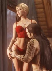 1boy 1boy1girl 1girls 3d artist_name asian_male bedroom black_hair blonde_hair brown_eyes bustier closed_eyes earrings elena_(final_fantasy) elenachatnoir enjoying final_fantasy final_fantasy_vii final_fantasy_vii_rebirth final_fantasy_vii_remake fit_female highres holding_thigh hourglass_figure hug instagram_username lingerie long_hair naked_male necklace older_male panties red_lingerie red_panties short_hair toned tseng tumblr_username twitter_username worship worshipping young_female younger_female