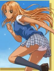 adachi_momo armpit_peek ass breast brown_eyes clenched_hand female female_focus floating_hair from_side frown gradient_background gray_shirt gyaru haruyama_kazunori kogal leaning_forward leg_lift loafers long_hair medium_breasts miniskirt orange_hair panties pantyshot parted_bangs peach_girl plaid_clothes plaid_skirt pleaded_skirt running school_uniform serafuku shirt shoes short_sleeves skirt solo sparkles standing sweater_vest tan tomboy underwear very_long_hair white_panties