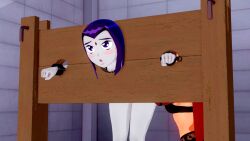 bondage dc_comics flushed_face grey_skin koikatsu perfect_idiot pillory purple_eyes raven_(dc) starfire tears teen_titans