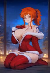 1girls ai_generated aksn bare_shoulders bare_thighs big_breasts blush christmas christmas_outfit clothed clothing color female female_focus female_only hi_res inner_sideboob large_breasts light-skinned_female light_skin long_hair looking_at_viewer nami nami_(one_piece) no_bra one_piece orange_eyes orange_hair shounen_jump solo solo_female tagme tattoo thick_thighs