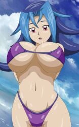 abdomen arms_behind_back beach_background bikini blue_hair female hi_res huge_breasts kamishiro_rio legart355 long_hair looking_at_viewer low-angle_view navel open_mouth red_eyes rio_kamishiro solo surprised teenager voluptuous_female yu-gi-oh! yu-gi-oh!_zexal