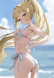 1girls ass ass_focus bare_shoulders beach bikini blonde_hair blue_sky blurry blurry_background blush braid braided_ponytail breasts cowboy_shot creatures_(company) day expressionless eyebrows eyelashes female female_focus from_behind from_side game_freak green_eyes hand_on_own_back hand_on_own_hip hand_up highres index_finger_raised lillie_(pokemon) long_hair looking_at_viewer looking_back medium_breasts nintendo ocean outdoors owari_wan petite pointing pointing_at_self pokemon pokemon_sm ponytail side-tie_bikini_bottom sky solo swimsuit twisted_torso very_long_hair water wet white_bikini