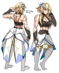 abs arm_sleeves black_legwear black_sports_bra blonde_hair flexing flexing_bicep genshin_impact lumine_(genshin_impact) midriff muscles muscular_arms muscular_back muscular_female muscular_shoulders profanity scar_on_back scar_on_face scars_all_over white_clothing yellow_eyes yukiart_83