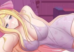 aged_up bangs bare_shoulders beatrice_(re:zero) bed bed_sheet bedroom blonde_hair blue_eyes blush bow breasts cameltoe cleavage clothing commission dress female female hair_ornament indoors large_breasts long_hair looking_at_viewer lying nightgown nipples on_bed on_side re:zero_kara_hajimeru_isekai_seikatsu ribbon see-through sleepwear smile solo stuffed_animal stuffed_toy symbol-shaped_pupils thighs very_long_hair